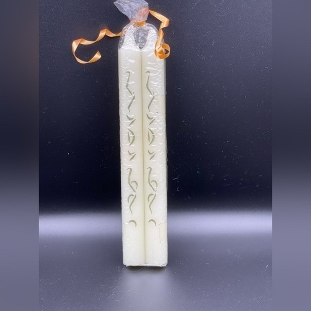 Pair Ivory Taper Candles Carved Scroll Design Decorative Wedding Dinner Unused